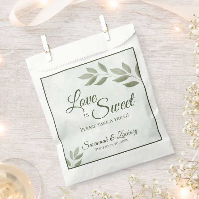 Love is Sweet Sage Green Leaves Wedding Favour Bag (Clipped)