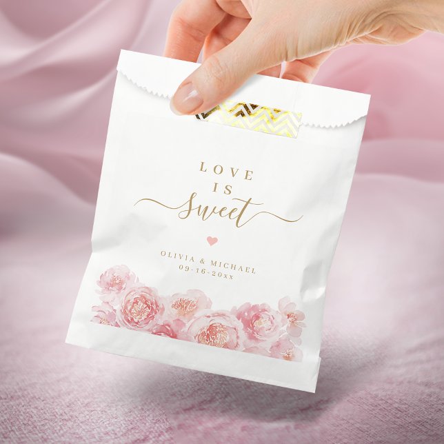 Love is sweet script gold & blush floral wedding favour bag (Love is sweet script gold & blush floral wedding favor bag)