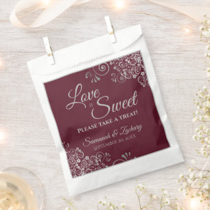 Love is Sweet Silver Lace Elegant Burgundy Wedding Favour Bag