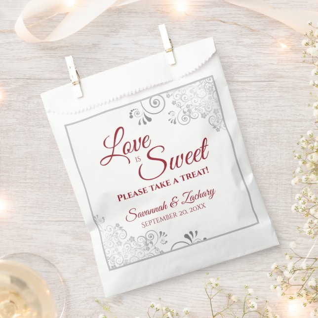 Love is Sweet Silver Lace & Red Script Wedding Favour Bag (Clipped)