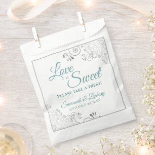 Love is Sweet Silver Lace Teal on White Wedding Favour Bag