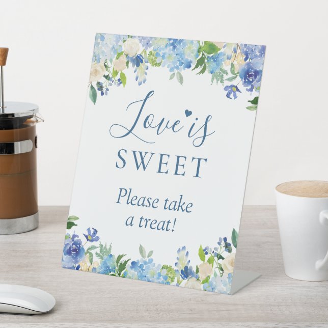 Love is Sweet Take a Treat Blue Hydrangea Floral Pedestal Sign (In SItu)