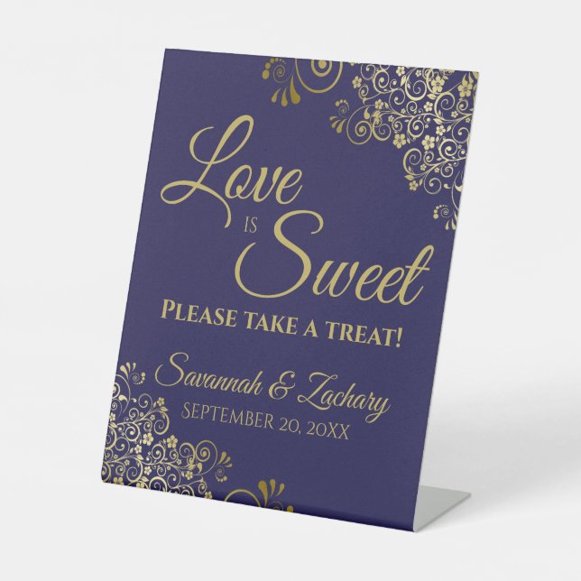 Love is Sweet Take a Treat Gold Lace on Navy Blue Pedestal Sign (Front)