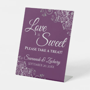 Love is Sweet Take a Treat Plum Purple & Silver Pedestal Sign