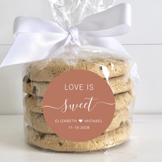 Love Is Sweet Terracotta Wedding Favour Classic Round Sticker (Creator Uploaded)