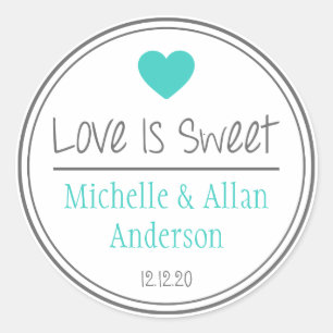 Love Is Sweet The New Mr. & Mrs. (Teal / Grey) Classic Round Sticker