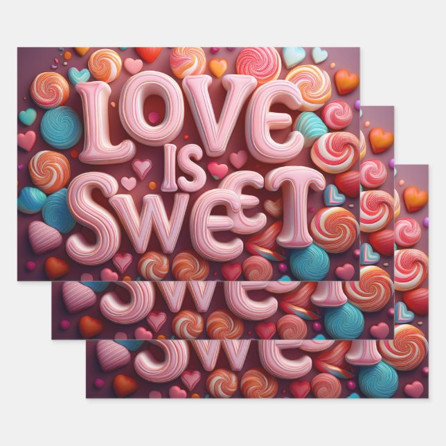 Love Is Sweet Valentine Candy Swirls Wrapping Paper Sheet (Set)