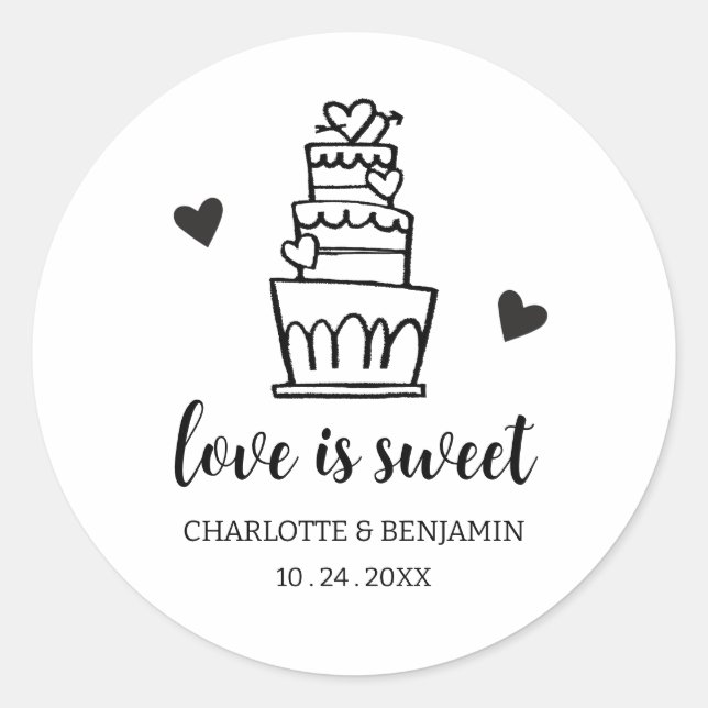 Love is Sweet Wedding Cake Favour Classic Round Sticker (Front)