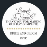 LOVE IS SWEET wedding favour sticker<br><div class="desc">Love is Sweet Thank you for making our day complete! Wedding favour sticker with black text and background colour of choice</div>