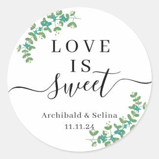 Love Is Sweet with Symmetrical Leaves Wedding Classic Round Sticker