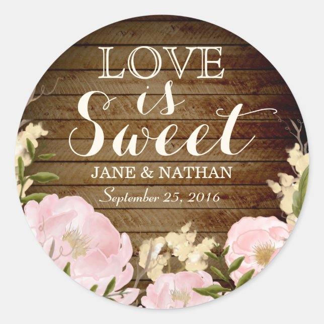 Love is Sweet Wood Look Wedding Sticker (Front)