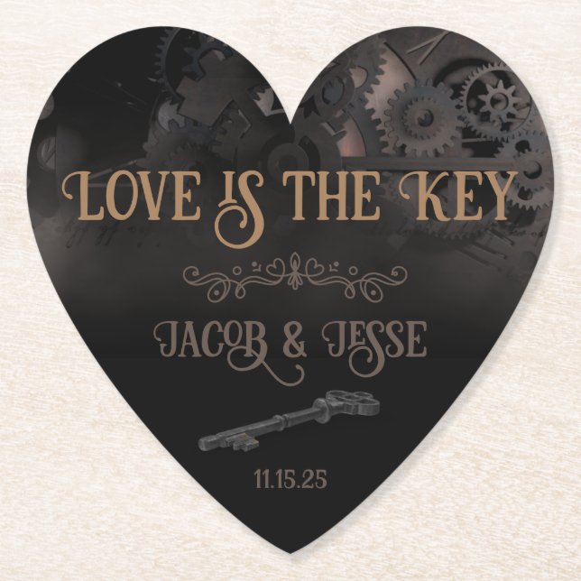 Love is the Key Steampunk Wedding Paper Coaster (Front)