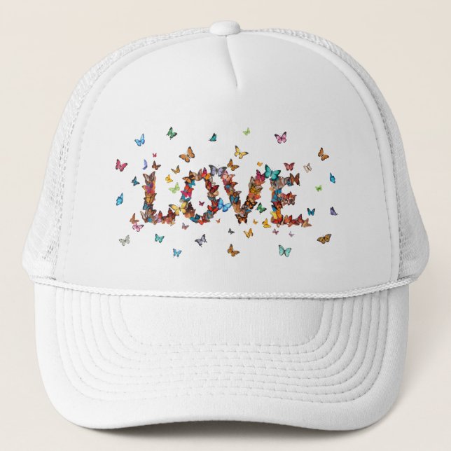 LOVE Joy Butterfly Print | Colorful Inspirational Trucker Hat (Front)