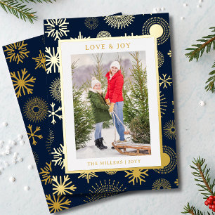 Love & Joy Christmas Photo Modern Gold Snowflake Foil Holiday Card