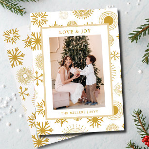 Love & Joy Christmas Photo Modern Gold Snowflakes Holiday Card