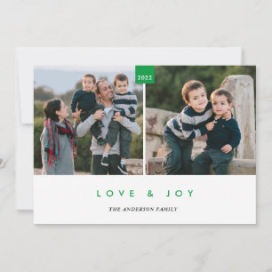 Love & Joy Green Modern Minimal 2 Photo Holiday Card