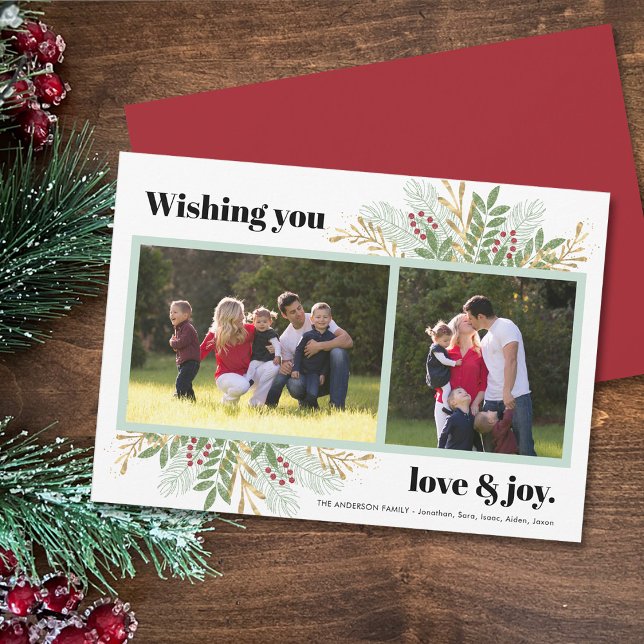 Love & Joy Holiday Green 2 Photo Carte de Noël (Créateur téléchargé)