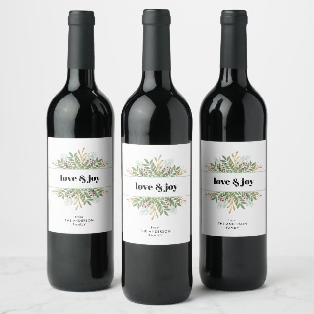 Love & Joy Holiday Winter Greenery Christmas Wine Label (Bottles)