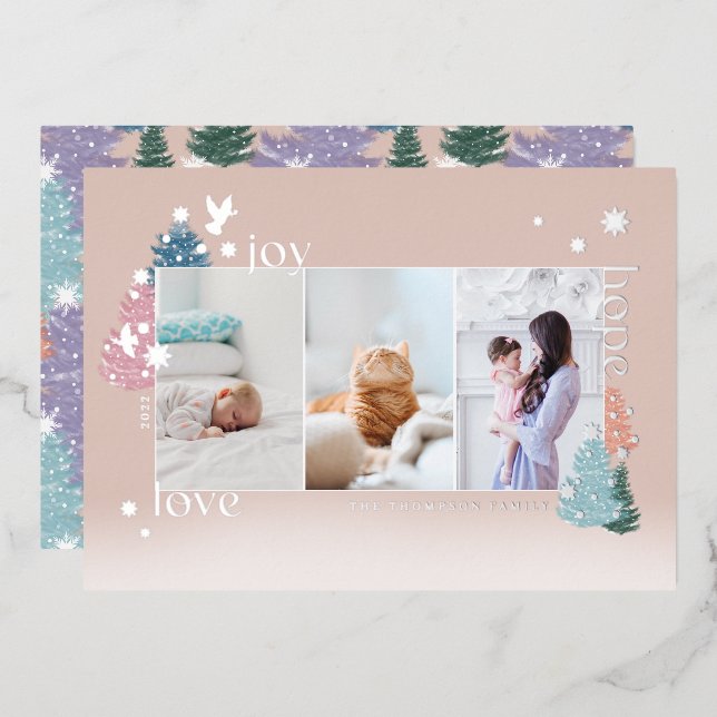 Love Joy Hope Pastel Christmas Tree Forest 3 Photo Foil Holiday Card (Front/Back)
