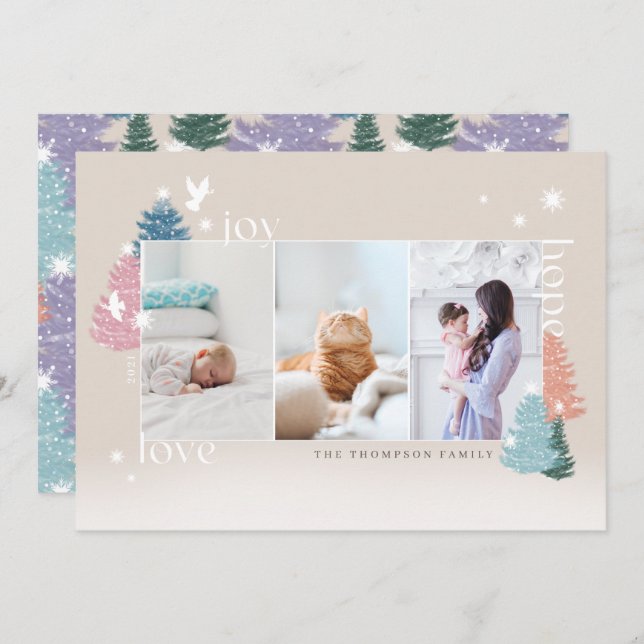 Love Joy Hope Pastel Christmas Tree Forest 3 Photo Holiday Card (Front/Back)