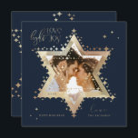 Love Joy Light Elegant Gold Star of David Photo Holiday Card<br><div class="desc">Elegant Hanukkah star of David photo Hanukkah card featuring an elegant typography design "Love Joy Light" in faux gold. Sparkling gold stars create the star of David with a photo placeholder placed within the star of David. The reverse side features an elegant starry twinkling star of David design. Artwork by...</div>