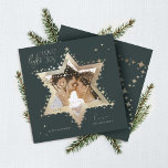 Love Joy Light Elegant Gold Star of David Photo Holiday Card<br><div class="desc">Elegant Hanukkah star of David photo Hanukkah card featuring an elegant typography design "Love Joy Light" in faux gold. Sparkling gold stars create the star of David with a photo placeholder placed within the star of David. The reverse side features an elegant starry twinkling star of David design. Artwork by...</div>