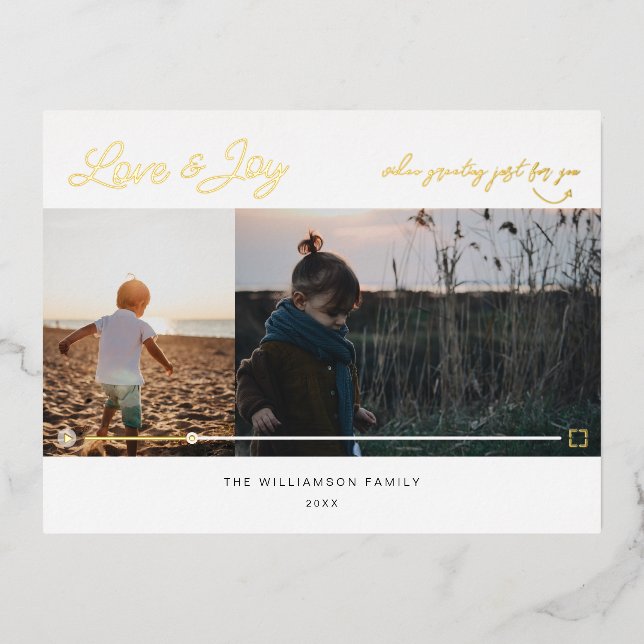 Love & Joy Minimal 2 Photo QR Code Video Message Foil Holiday Postcard (Front)