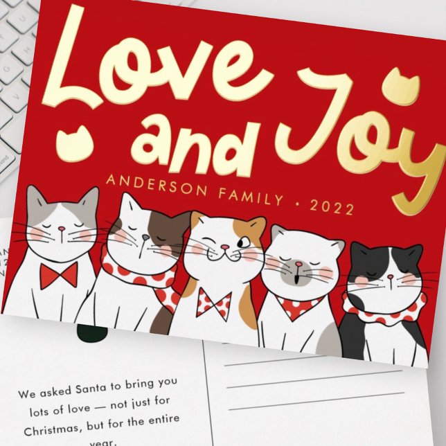 Love & Joy Modern Funny Cute Cats Caroling Foil Holiday Postcard (Creator Uploaded)