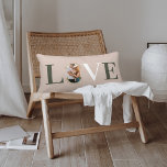 Love Joy Modern Type Geometric Family Photo Pink Lumbar Pillow<br><div class="desc">Modern and stylish Christmas theme love throw pillow design. The design features the word "LOVE" with the letter "O" created with your own personalized family photo. Modern faux gold geometric concentric circle frames the photo. The reverse side features a modern faux gold geometric concentric circle pattern with Love & Joy....</div>