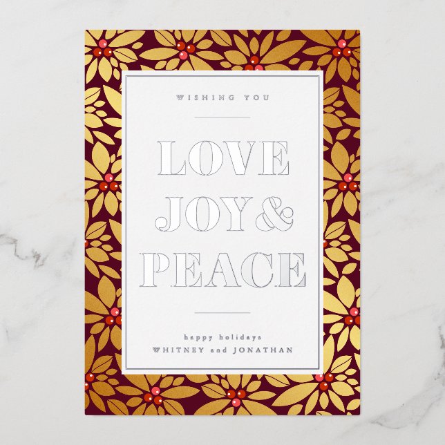 LOVE JOY & PEACE | Add Your Photo Foil Holiday Card (Front)