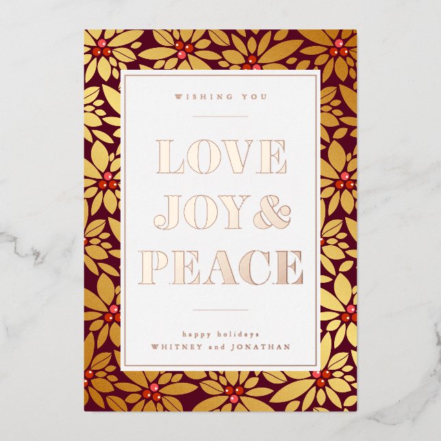 LOVE JOY & PEACE | Add Your Photo Foil Holiday Card (Front)