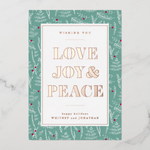 LOVE JOY & PEACE   Add Your Photo Foil Holiday Card