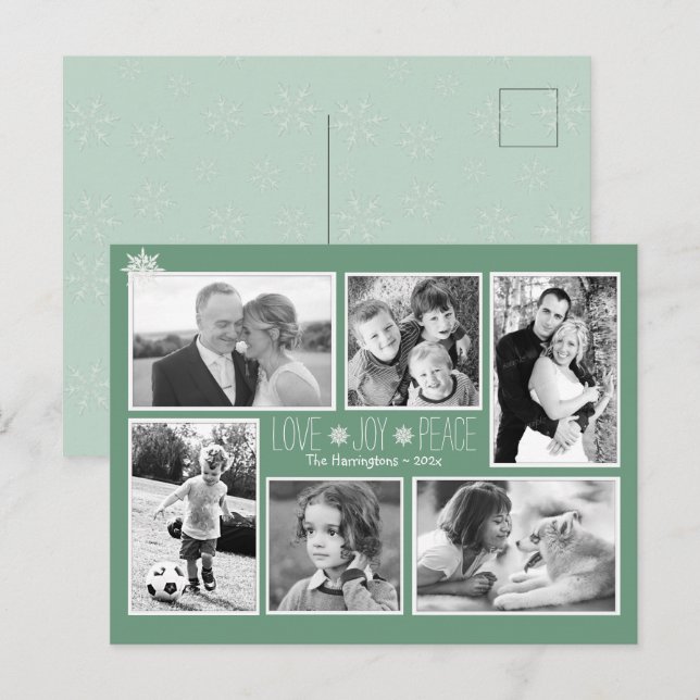 Love Joy Peace Christmas Snowflakes Photo Carte po (Devant / Derrière)