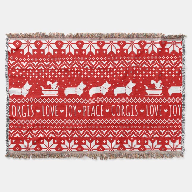 Love Joy Peace Corgis Festive Christmas Holiday Throw Blanket (Front)