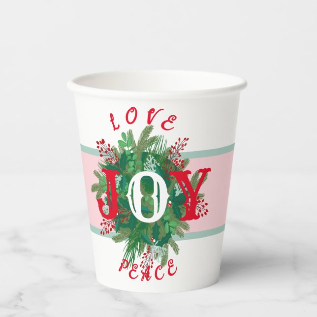 Love JOY Peace Holiday elegant wreath green red  Paper Cups (Front)