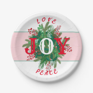 Love Joy PEACE Holiday elegant Wreath green red Paper Plate