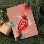 Love Joy & Peace Red Cardinal Watercolor Blush Holiday Card<br><div class="desc">Our cardinal spirit holiday Christmas card embodies warmth, life and energy inspired by nature. Expressive brush and pen strokes are combined together with our artistic stylized red cardinal bird artwork. Evoking the feeling of love, joy and peace. Saturated hues of crimson reds, blush, deep ebony black, sapphire blue and dark...</div>