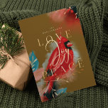 Love Joy & Peace Red Cardinal Watercolor Green Holiday Card<br><div class="desc">Our cardinal spirit holiday Christmas card embodies warmth, life and energy inspired by nature. Expressive brush and pen strokes are combined together with our artistic stylized red cardinal bird artwork. Evoking the feeling of love, joy and peace. Saturated hues of crimson reds, blush, deep ebony black, sapphire blue and dark...</div>