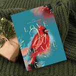 Love Joy & Peace Red Cardinal Watercolor Teal Blue Holiday Card<br><div class="desc">Our cardinal spirit holiday Christmas card embodies warmth, life and energy inspired by nature. Expressive brush and pen strokes are combined together with our artistic stylized red cardinal bird artwork. Evoking the feeling of love, joy and peace. Saturated hues of crimson reds, blush, deep ebony black, sapphire blue and dark...</div>