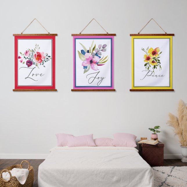 Love Joy Peace watercolor floral Hanging Tapestry (Bedroom)