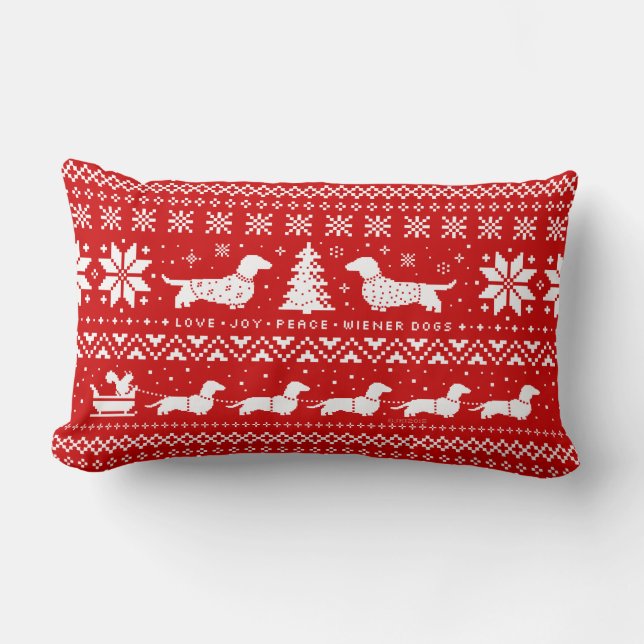 Love Joy Peace Wiener Dogs Christmas Pattern Lumbar Pillow (Front)