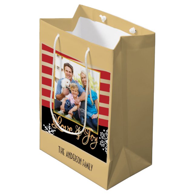 Love & Joy, Photo Personalized Christmas Medium Gift Bag (Front Angled)