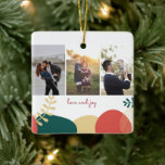 Love Joy Three Photo Family Christmas Ceramic Ornament<br><div class="desc">Christmas tree ornament in a three photo "love and joy" design. Customize with your three photos (horizontal work best or crop to a horizontal orientation before uploading). The backside of the Christmas ornament can be customized with your holiday message and names.</div>