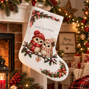 Love Keeps Us Warm Scandinavian Christmas Owls Large Christmas Stocking