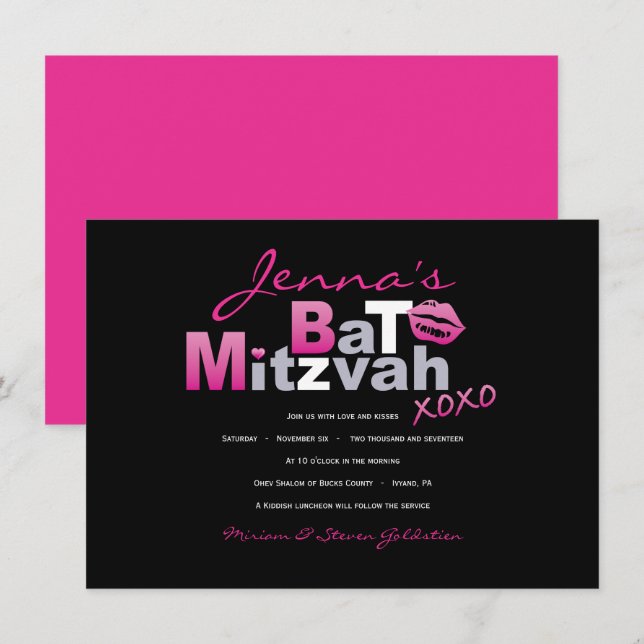 LOVE & KISSES CHAUD ROSE Bat mitzvah Invitation (Devant / Derrière)