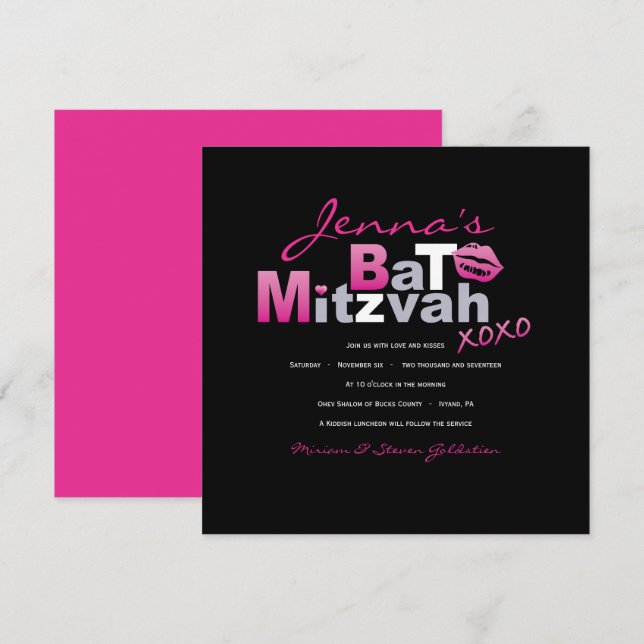 LOVE & KISSES HOT PINK Bat Mitzvah Invitation (Front/Back)