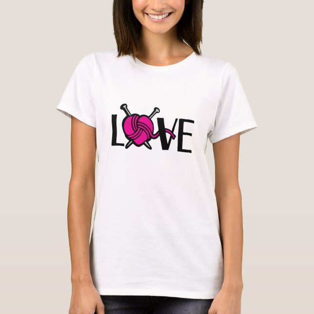 Love knitting pink black graphic slogan t-shirt (Front)