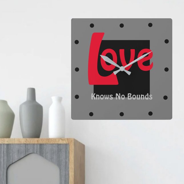 Love Knows No Bounds Grey Black Red Modern Square Wall Clock (Creator Uploaded)
