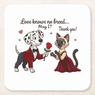Love Knows No Breed Dalmatian and Siamese Cat Square Paper Coaster