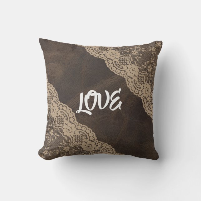 " Love" Lace Reversible Leather Decorative Pillow (Front)